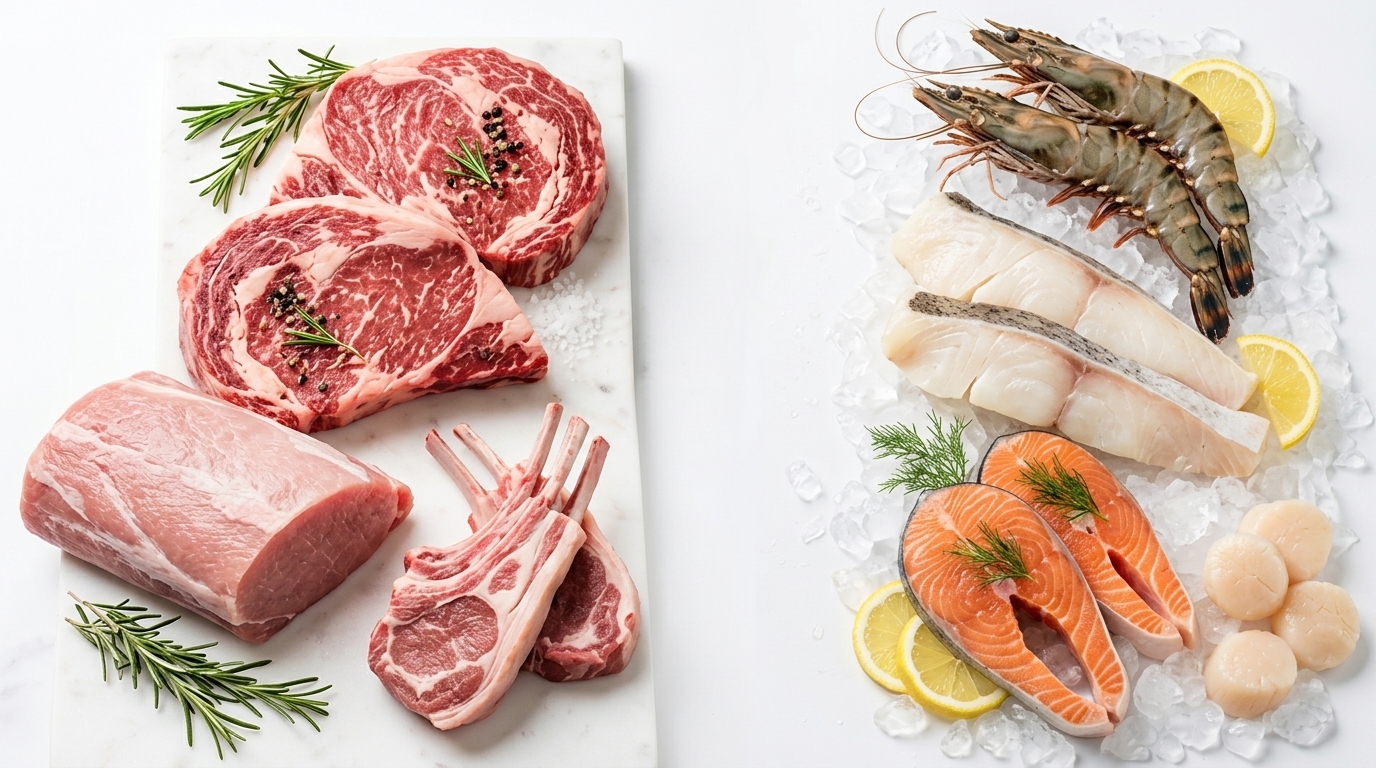 Hình ảnh minh họa các nhóm thịt và hải sản trong danh mục thực phẩm.